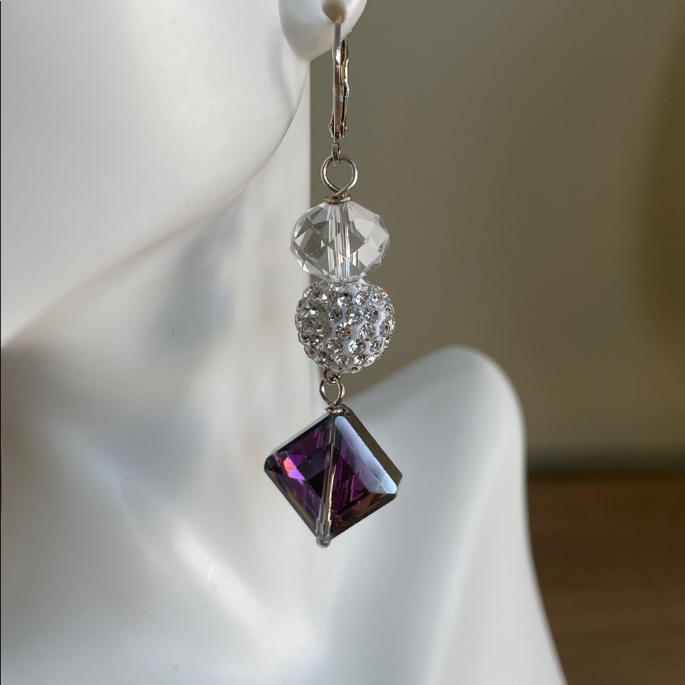 HAND CRAFTED DRAMATIC PARTY EARRINGS Purple Silver Clear Crystals